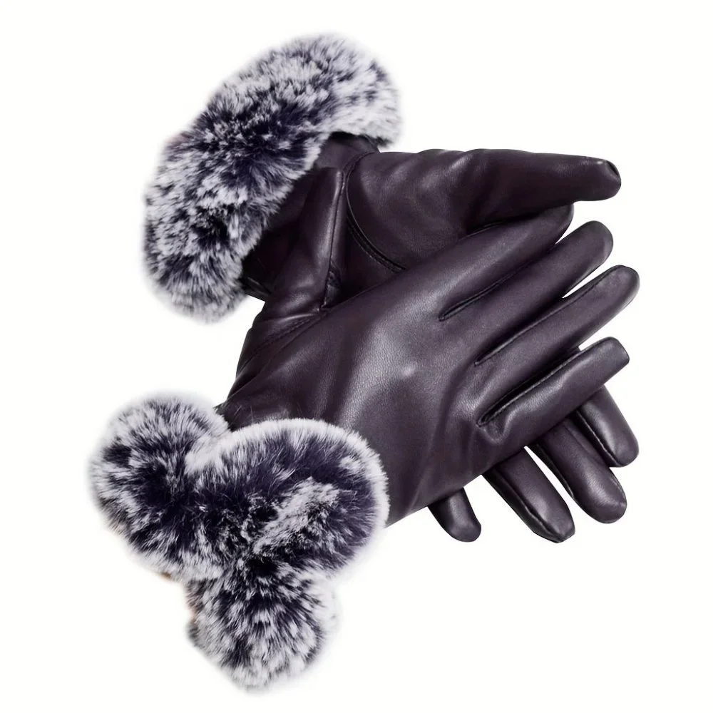 Faux Fur Cuffs Gloves PU Leather Mature Mittens